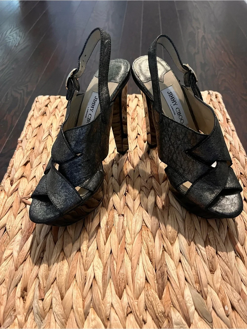 Jimmy Choo Black and Metallic Slingback Platform Heels